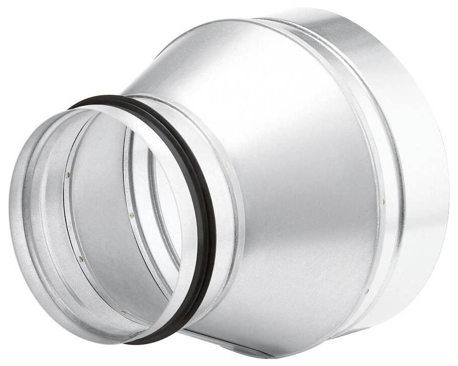 Un réducteur de conduit de ventilation métallique montré à un angle, affichant sa forme circulaire et ses extrémités de connexion, utilisé pour ajuster la taille du conduit.