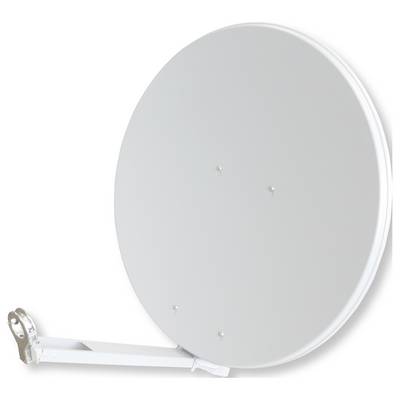 Un grand récepteur parabolique gris avec un bras de support métallique, utilisé pour recevoir les signaux de radiodiffusion.