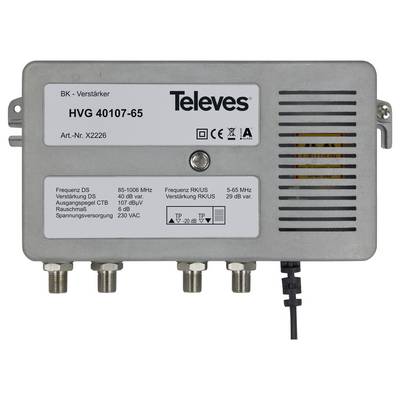 Amplificateur 'Televes HVG 40107-65' avec des spécifications de fréquence et de gain étiquetées sur l'appareil. Dispose de quatre connecteurs coaxiaux ci-dessous.