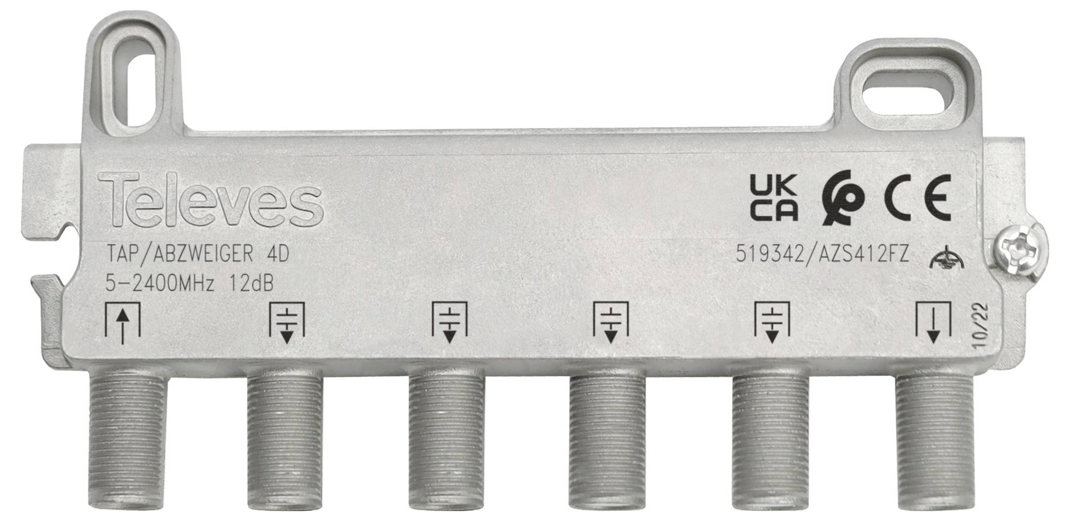 Séparateur de signal TV de marque « Televes » avec six sorties coaxiales, étiqueté pour 5-2400MHz et 12dB. Inclut les marques de certification.