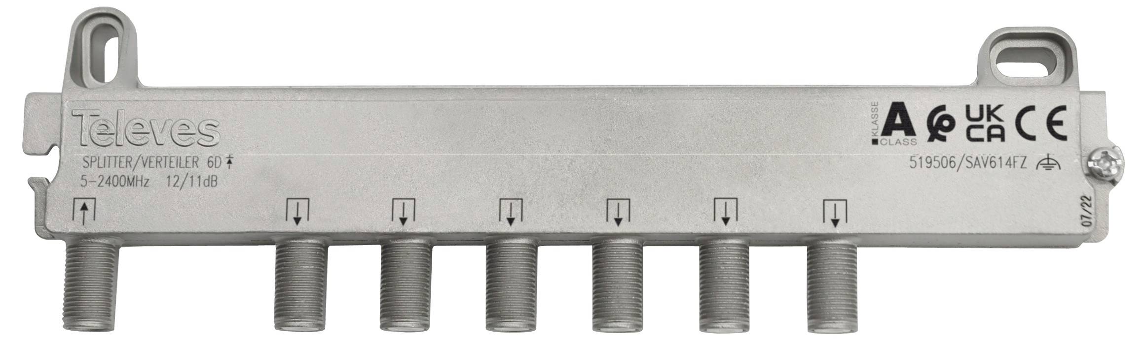 Un séparateur Televes en argent pour TV et SAT, avec six ports de sortie, étiqueté S-2400MHz, 12/18dB, présentant diverses marques de certification.