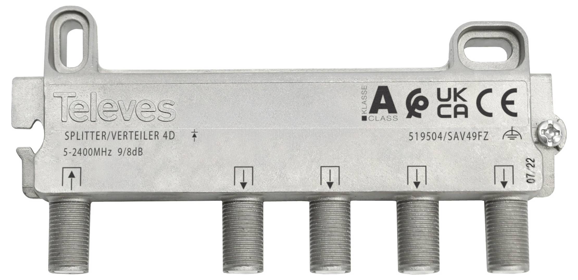 Un séparateur de câble TV en métal avec 5 ports, étiqueté « Televes 5-2400MHz 9/8dB », présentant différents logos de certification.