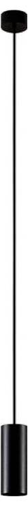 Luminaire suspendu cylindrique noir avec un long cordon vertical sur un fond blanc.