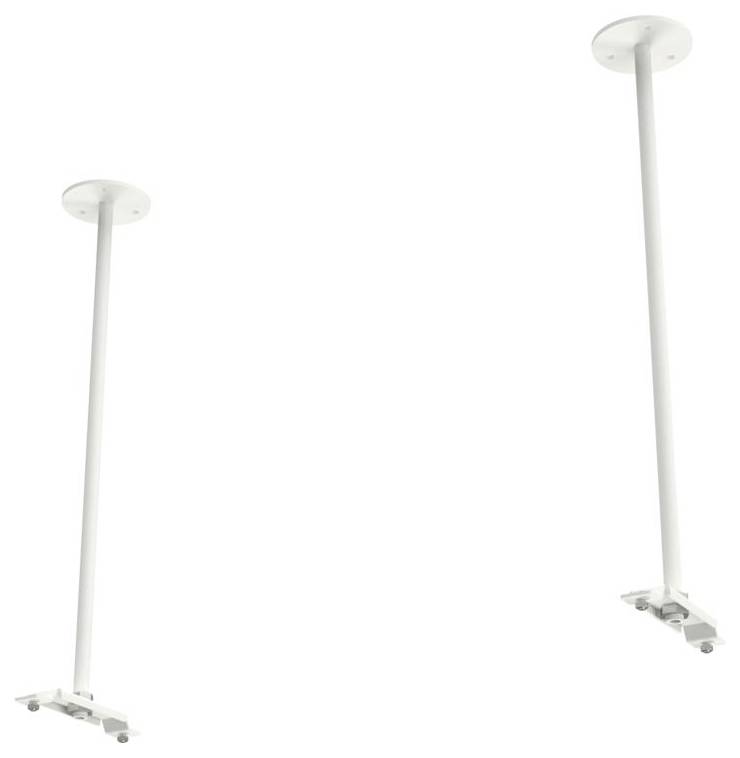 Deux tiges de soutien montées au plafond de couleur blanche avec des bases rondes sont présentées. Elles sont conçues pour la stabilité et l'alignement dans les installations intérieures.