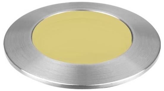 Un luminaire LED rond métallique avec une zone d'illumination centrale jaune, conçu pour une installation au sol ou encastrée.