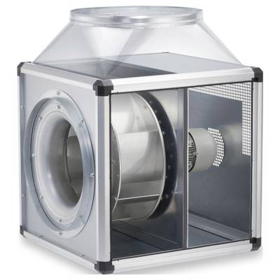 Un grand ventilateur de ventilation industriel métallique de forme cylindrique avec des protecteurs de coins transparents, adapté à un usage commercial.