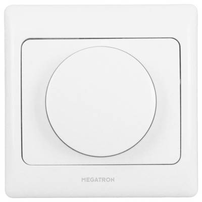 Un interrupteur variateur blanc de forme carrée avec le nom de marque « MEGATRON » en bas. L'interrupteur est positionné au centre de son cadre.