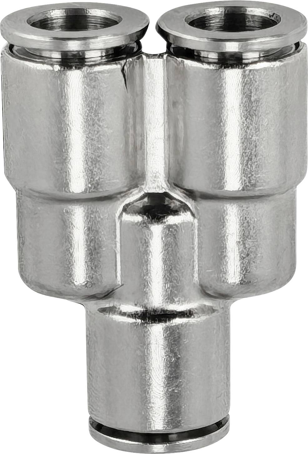 Raccord en Y chromé avec deux ouvertures filetées en haut et une connexion inférieure pour joindre des tuyaux ou des tubes.