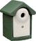 Une cabane à oiseaux avec un toit vert et un trou d'entrée à l'avant, conçue pour les petits oiseaux. L'extérieur a une finition texturée.