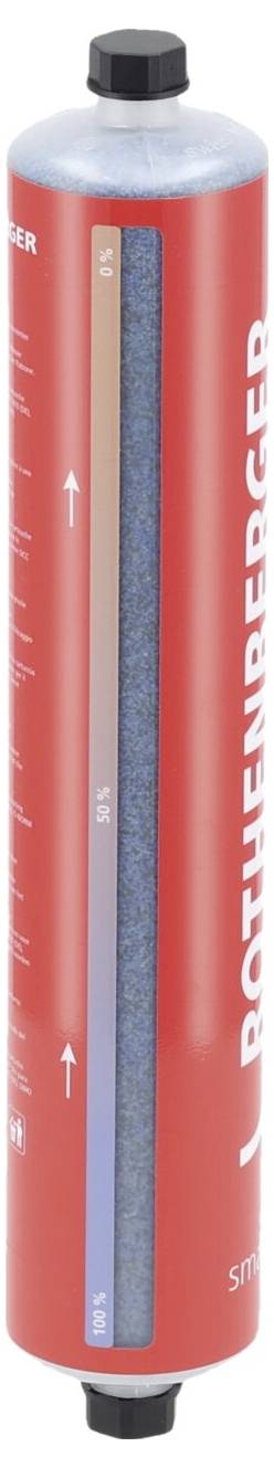 Bouteille de gaz cylindrique rouge avec bouchons noirs, de marque 'Rothenberger' ; comprenant des indicateurs de position et une échelle de pourcentage avec dégradé de couleur.