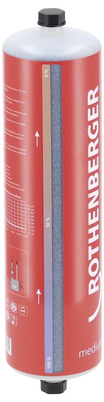 Une bouteille de gaz cylindrique rouge avec un capuchon noir, portant la marque 'ROTHENBERGER'. L'étiquette verticale indique un gradient de niveaux en pourcentage.