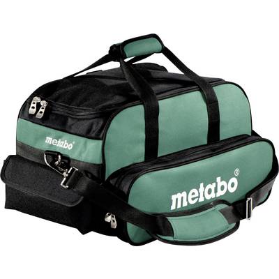 Sac à outils Metabo vert et noir avec bandoulière et plusieurs compartiments à fermeture éclair sur fond blanc.
