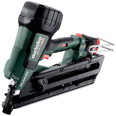Cloueur sans fil Metabo sans balais avec batterie et magasin, présenté en profil sur fond blanc.