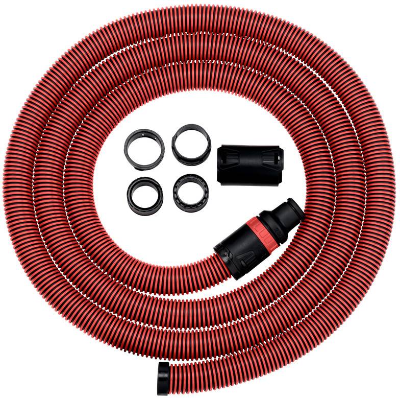 Kit de tuyau ondulé rouge et noir enroulé avec connecteurs noirs et quatre adaptateurs à bague sur fond blanc.