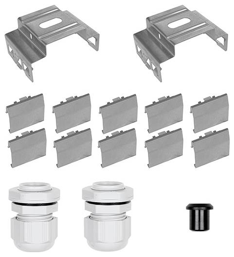 « L'image montre un ensemble de supports de montage en métal, des plaques rectangulaires métalliques, deux presse-étoupe en plastique et un petit capuchon noir. »