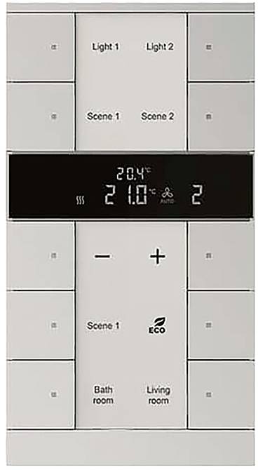 Panneau de commande de maison intelligente avec boutons pour « Lumière 1 », « Lumière 2 », « Scène 1 », « Scène 2 », affichage de la température et indicateur de mode économique.