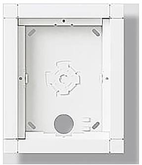 Un cadre de montage mural en plastique blanc avec une découpe centrale, conçu pour fixer un appareil, possiblement pour un usage électrique ou électronique.