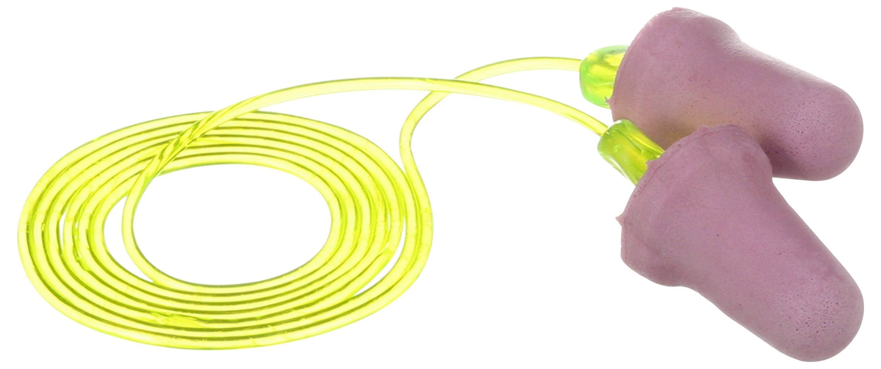 « Bouchons auriculaires en mousse rose avec un cordon jaune. »