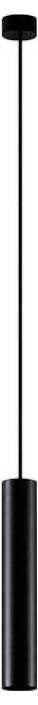 Luminaire suspendu cylindrique noir avec cordon fin, présenté verticalement sur fond blanc.