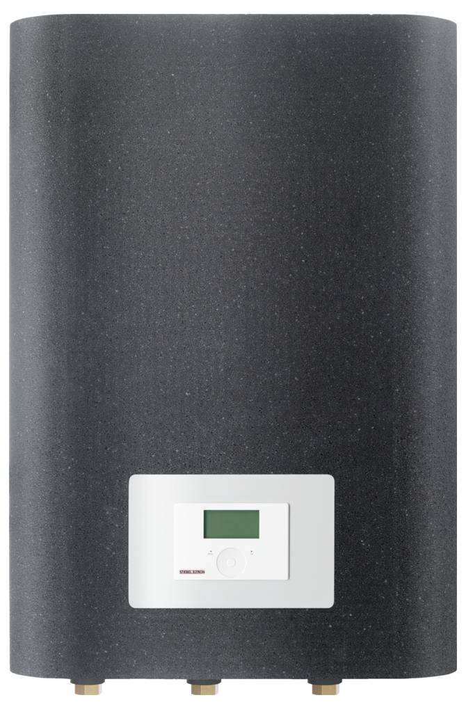Un grand chauffe-eau noir avec un panneau de commande numérique sur un fond blanc, présentant un petit écran et des boutons pour le fonctionnement.