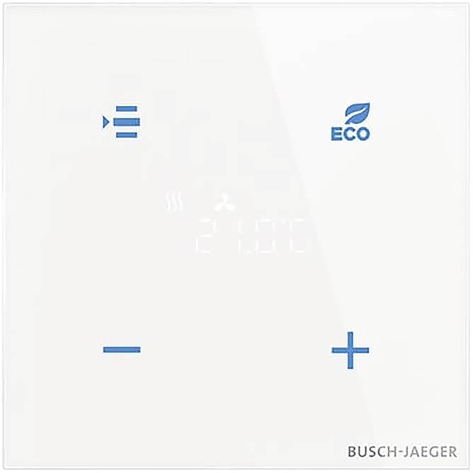 Panneau thermostat 'Busch-Jaeger' avec icônes d'ajustement : augmentation (+), diminution (-), paramètres, et mode 'ECO'.