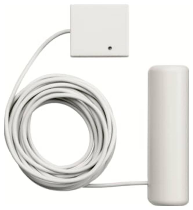 Capteur filaire blanc avec une unité murale carrée et un détecteur cylindrique séparé, reliés par un câble enroulé.