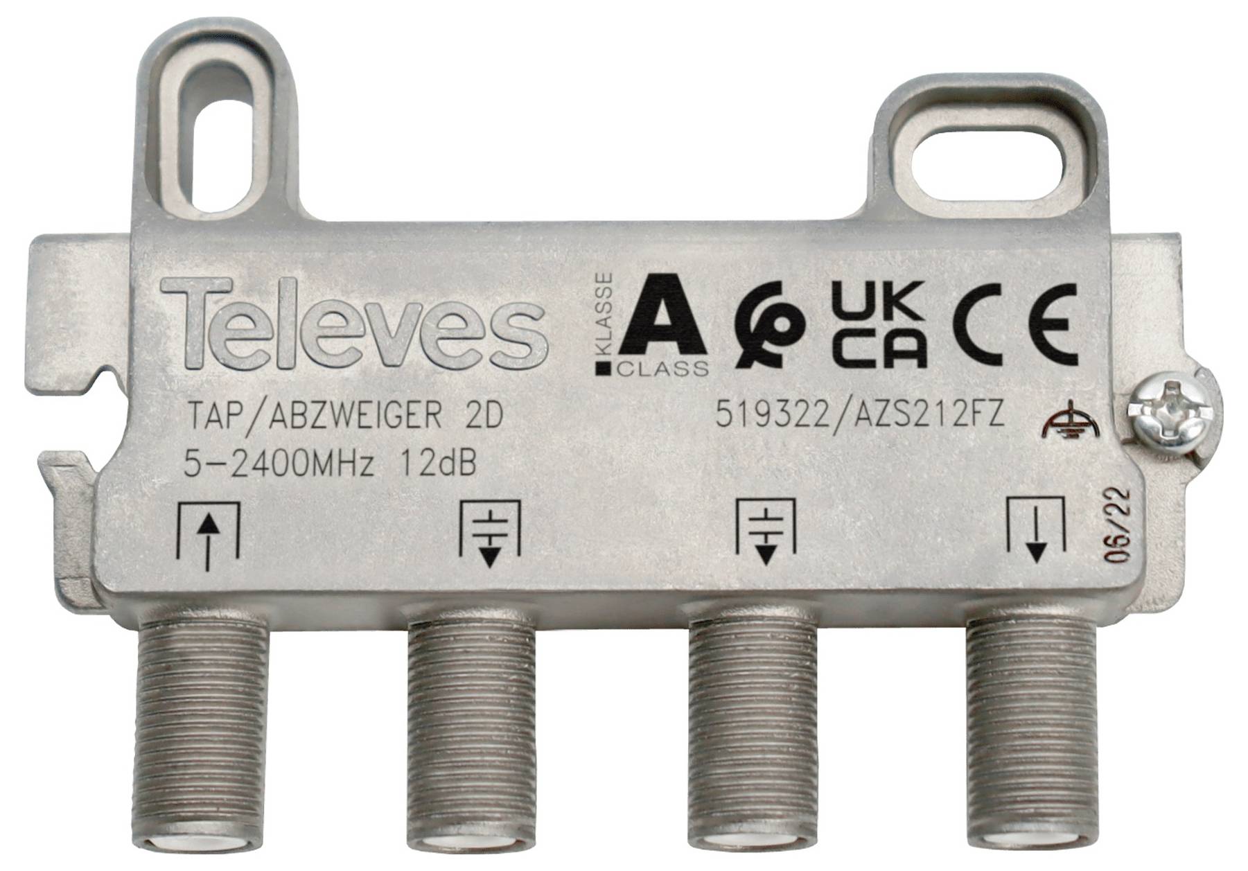 « Dispositif métallique marqué 'Televes' avec quatre ports coaxiaux, indiqué pour une fréquence de 5-2400MHz et 12dB. Comprend des symboles de conformité. »