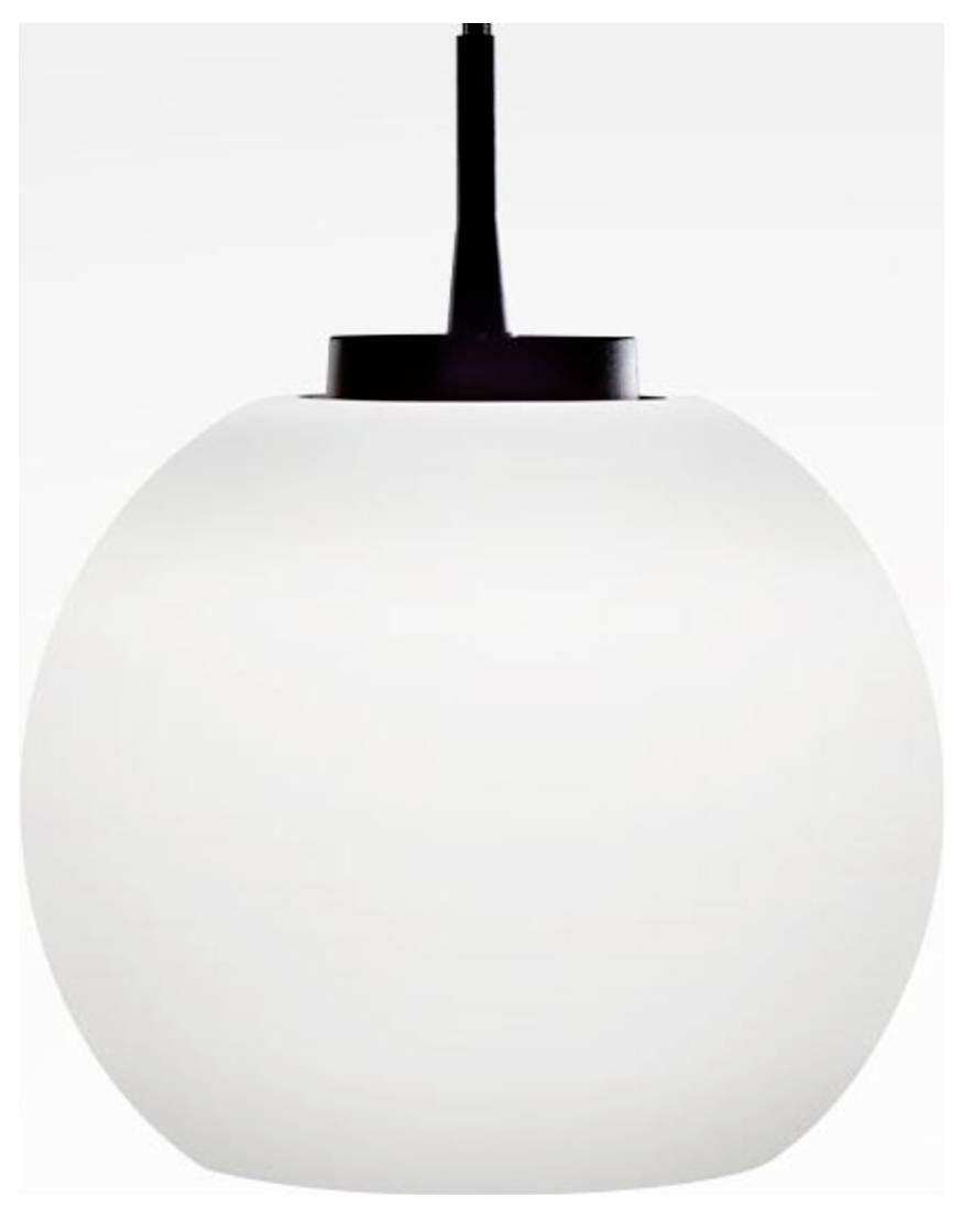 Un luminaire suspendu sphérique blanc avec un sommet noir photographié sur un fond uni.