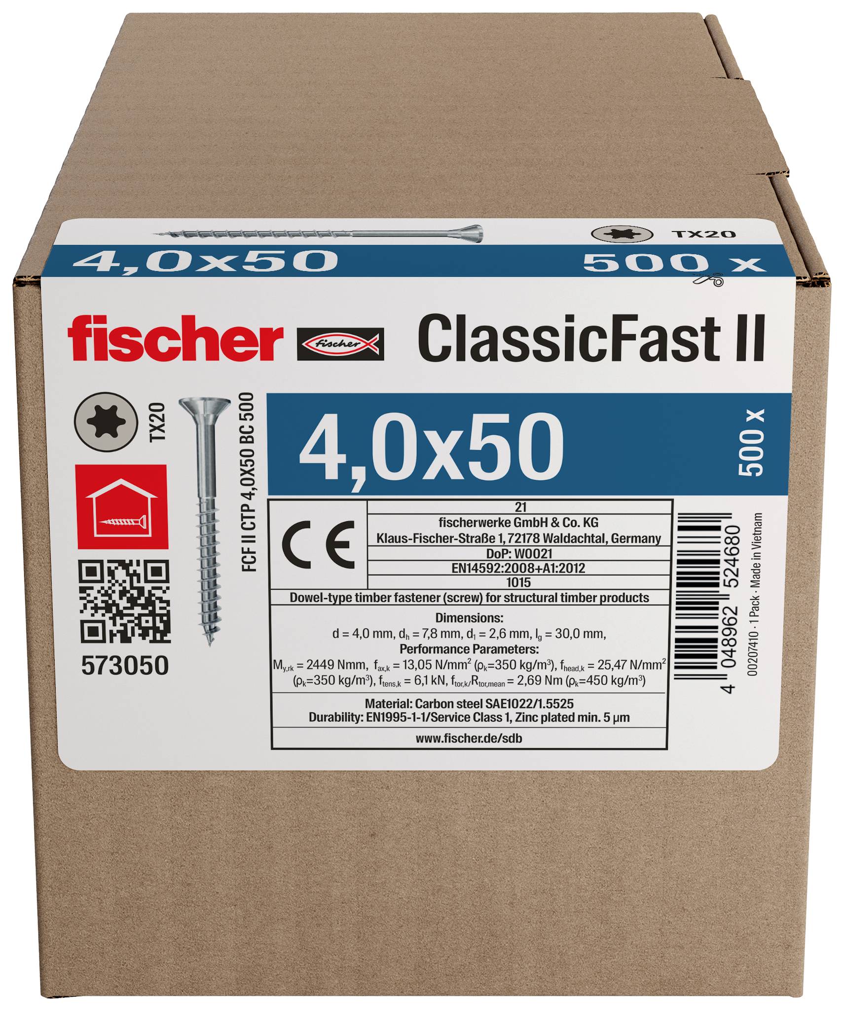 Boîte en carton de vis à bois fischer ClassicFast II TX20, 4,0 x 50 mm, 500 pièces, avec étiquette de produit et code QR.