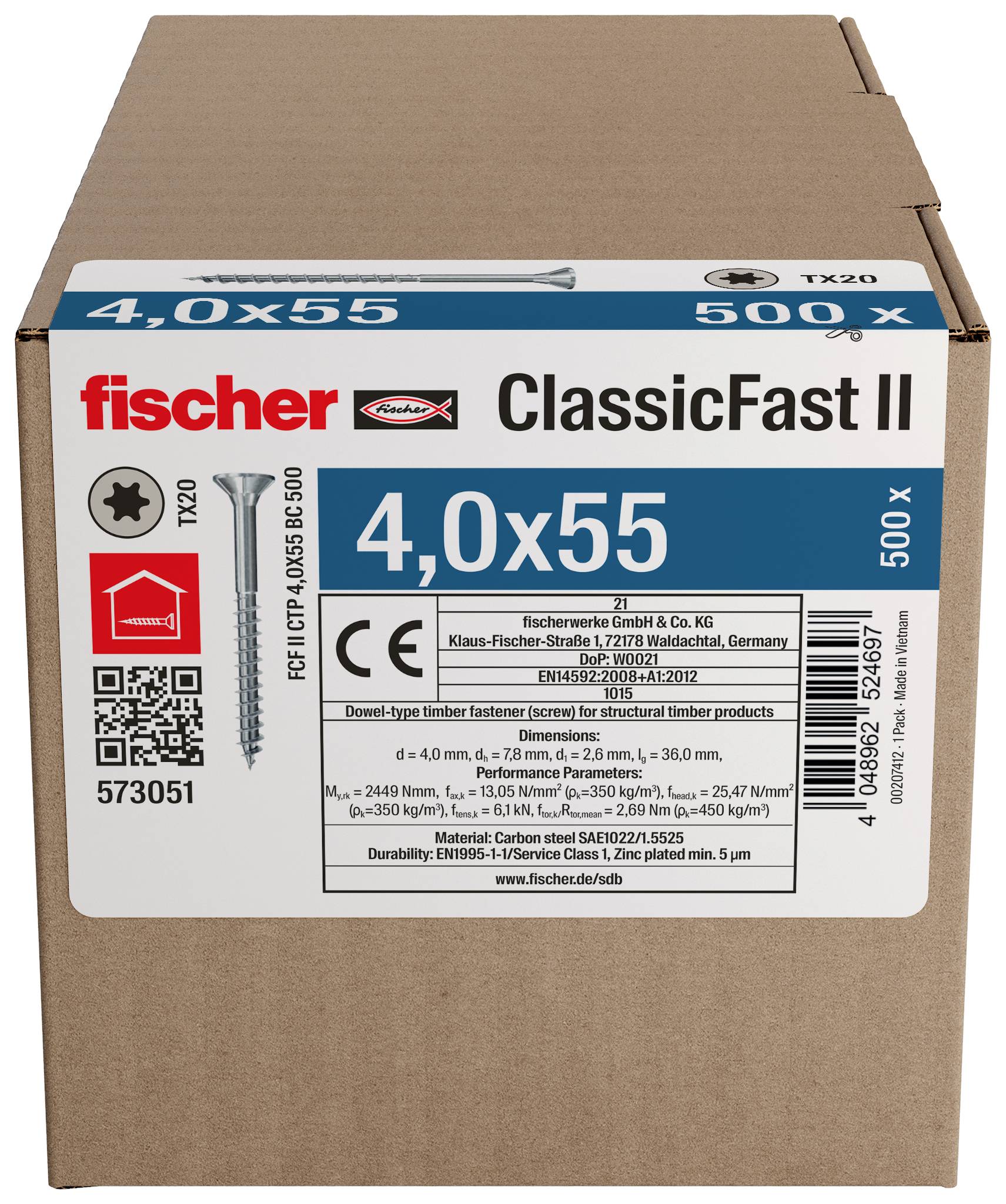 Boîte de vis de cloison sèche Fischer ClassicFast II, étiquetées 4,0x55, lot de 500, avec marquages de produit et de sécurité.