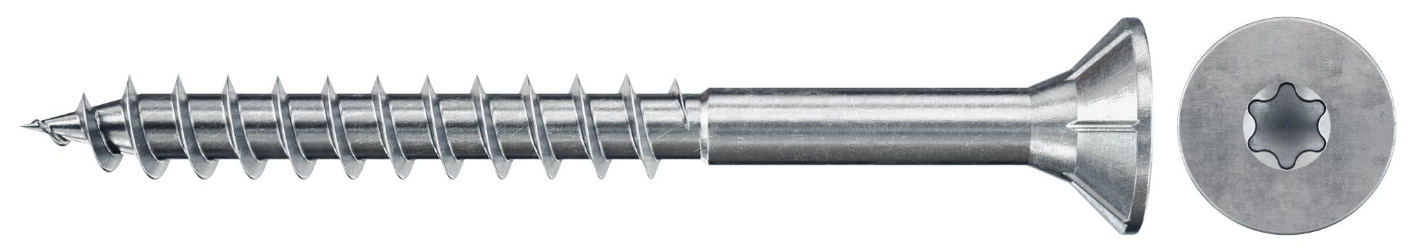 Vis à tête fraisée en argent présentée en vue de côté avec un détail de tête à empreinte étoilée sur la droite.