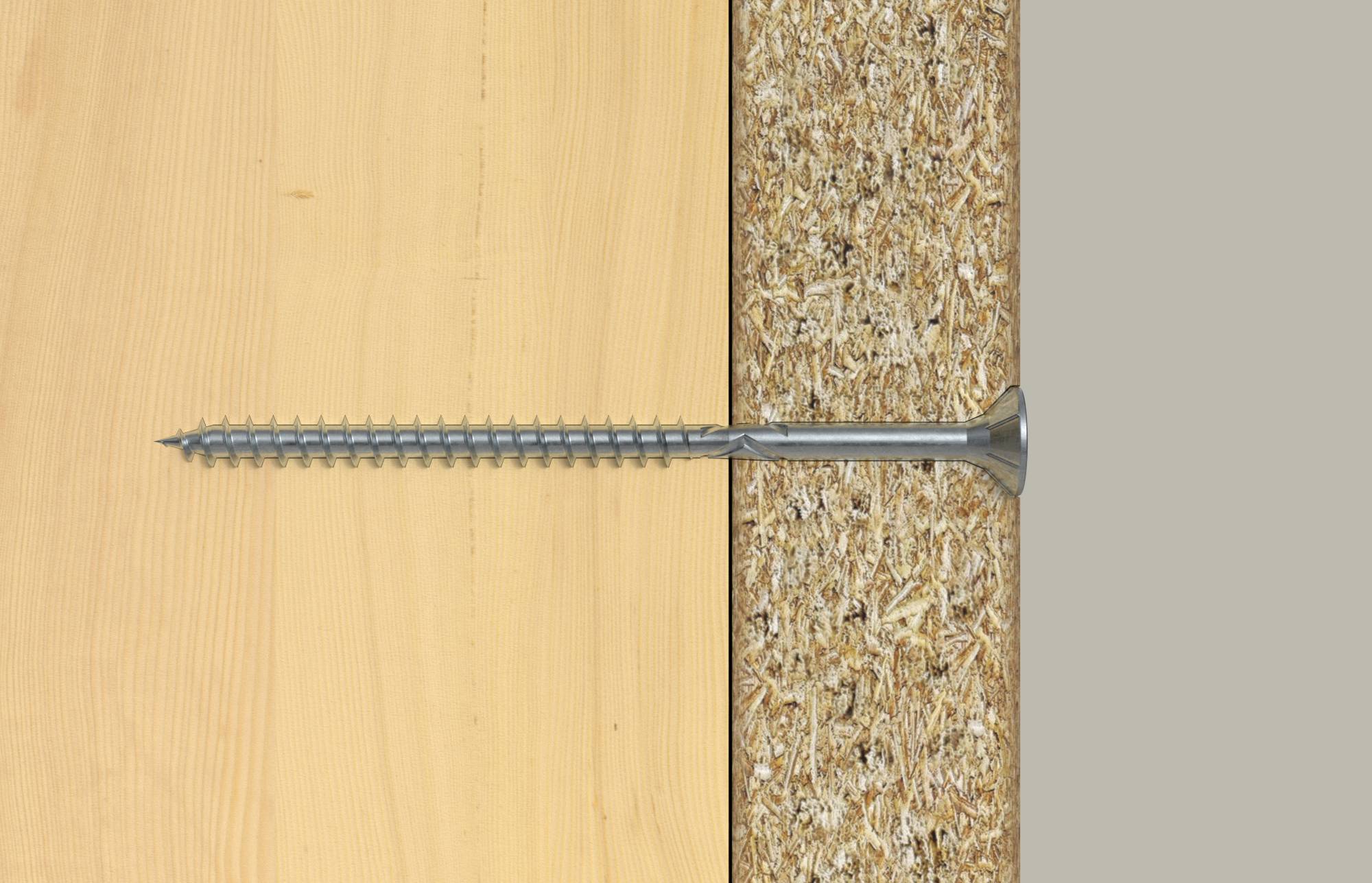 Longue vis fixant une planche de bois lisse à un panneau OSB, vue en coupe transversale