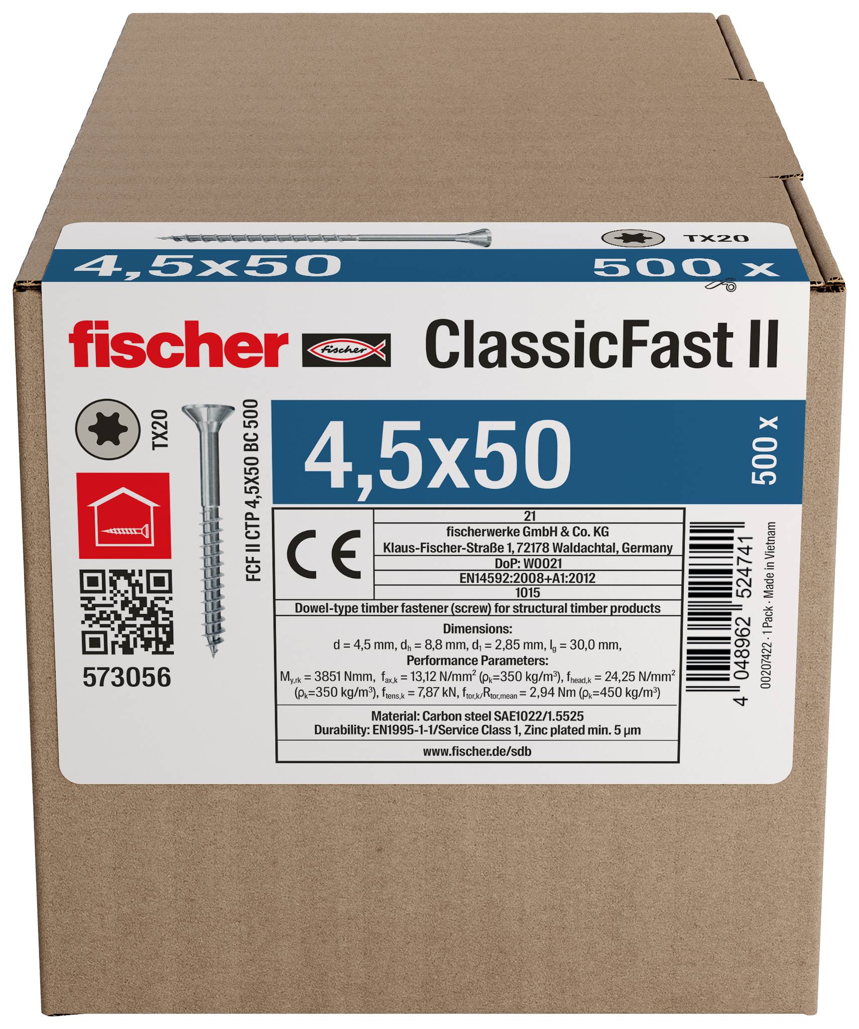 Boîte de vis Fischer ClassicFast II, étiquetée 4,5x50 et 500 pièces, avec détails du produit et code QR sur la face avant.