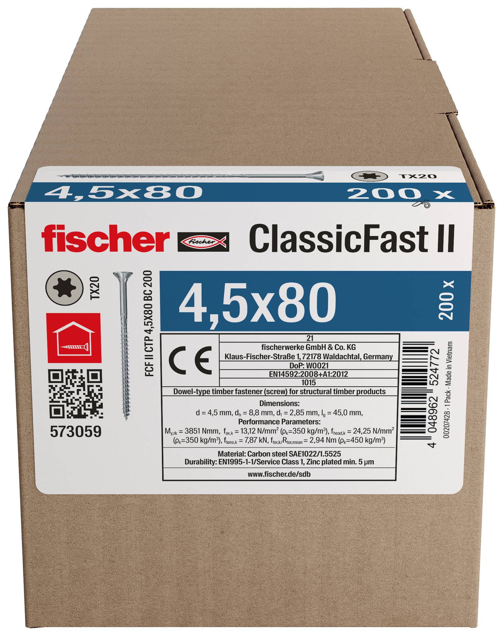 Boîte de vis fischer ClassicFast II, étiquetée 4,5x80 et 200 pièces, pour la construction en bois de structure.
