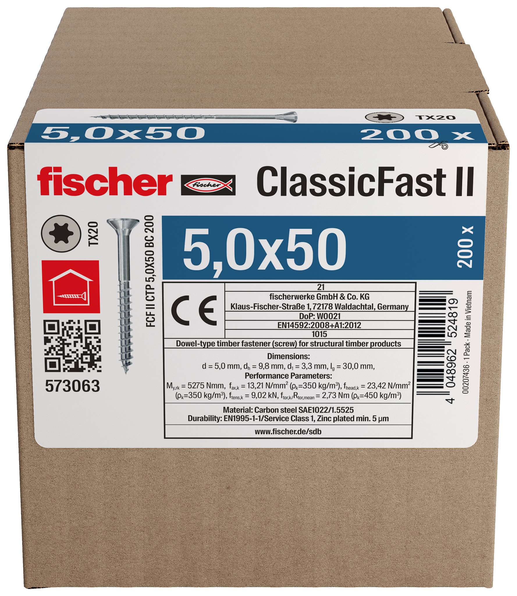 Boîte en carton de vis fischer ClassicFast II 5.0x50, montrant l'étiquette du produit avec l'image de la vis et la quantité 200x.