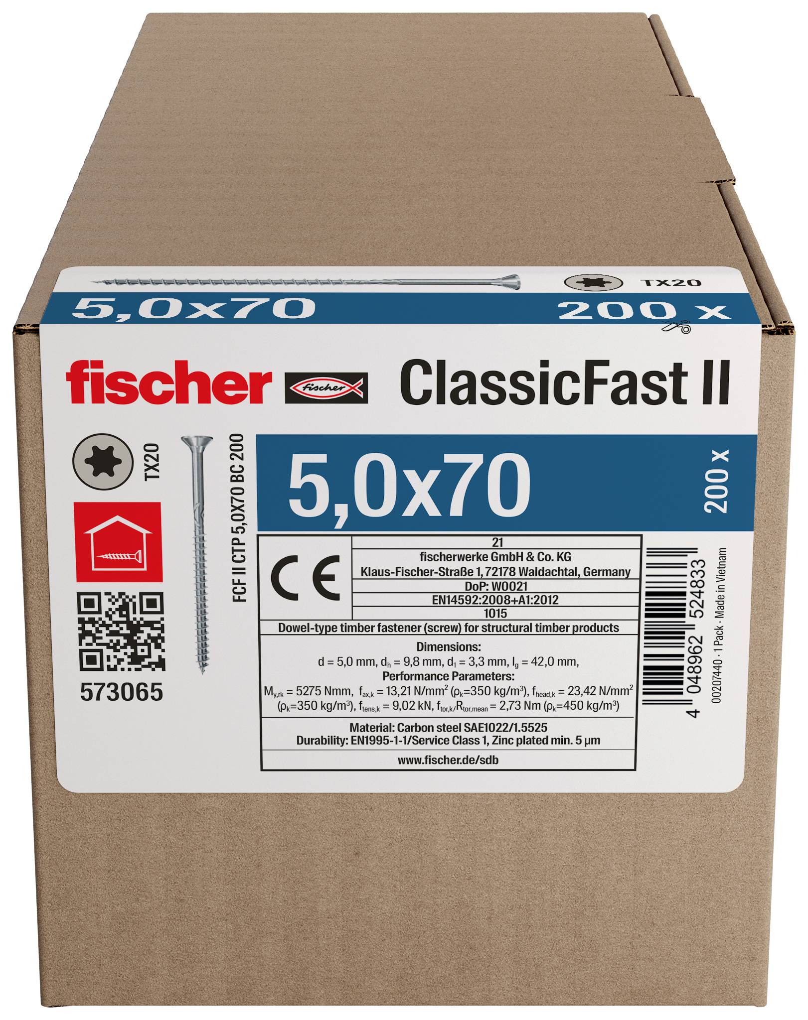 Une boîte en carton étiquetée fischer ClassicFast II 5.0x70, 200 vis, avec des codes produits et un code QR sur le devant.
