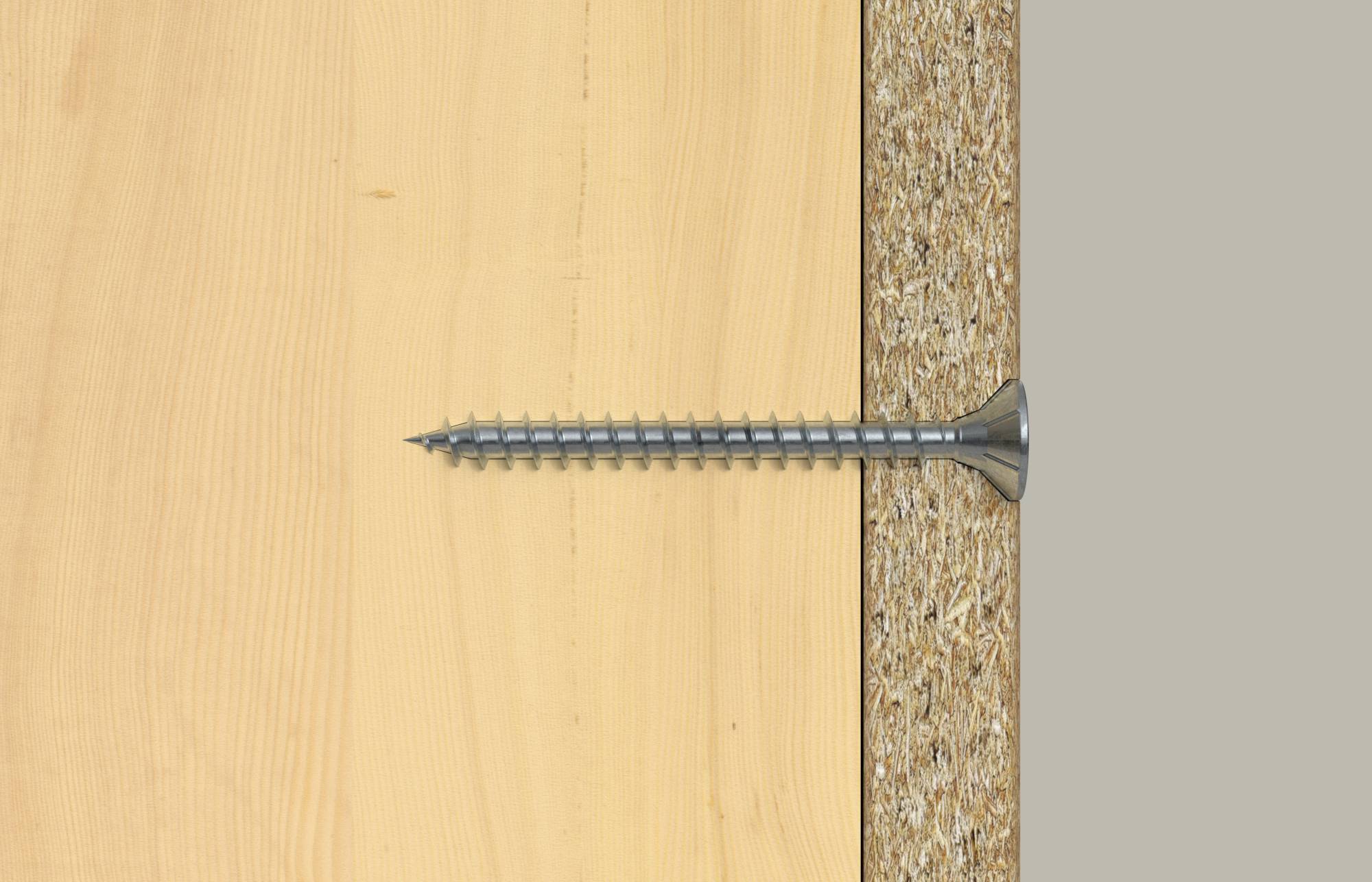 Une vis entraînée horizontalement dans une planche en bois, avec sa pointe qui dépasse dans le bord d'un panneau de particules.