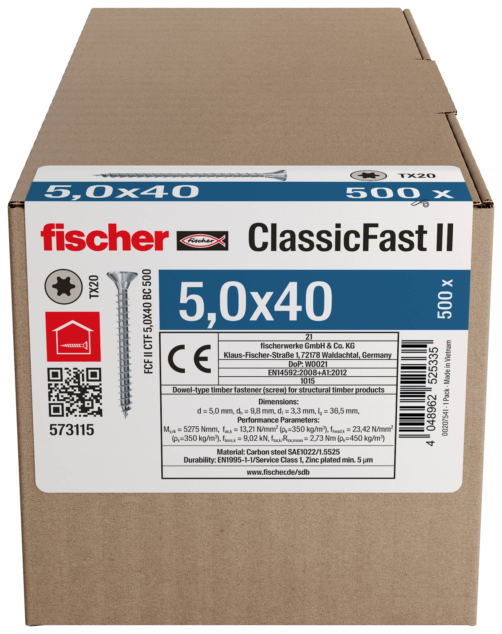 Boîte en carton de vis fischer ClassicFast II 5.0x40, étiquetée 500 pièces pour la construction en bois.