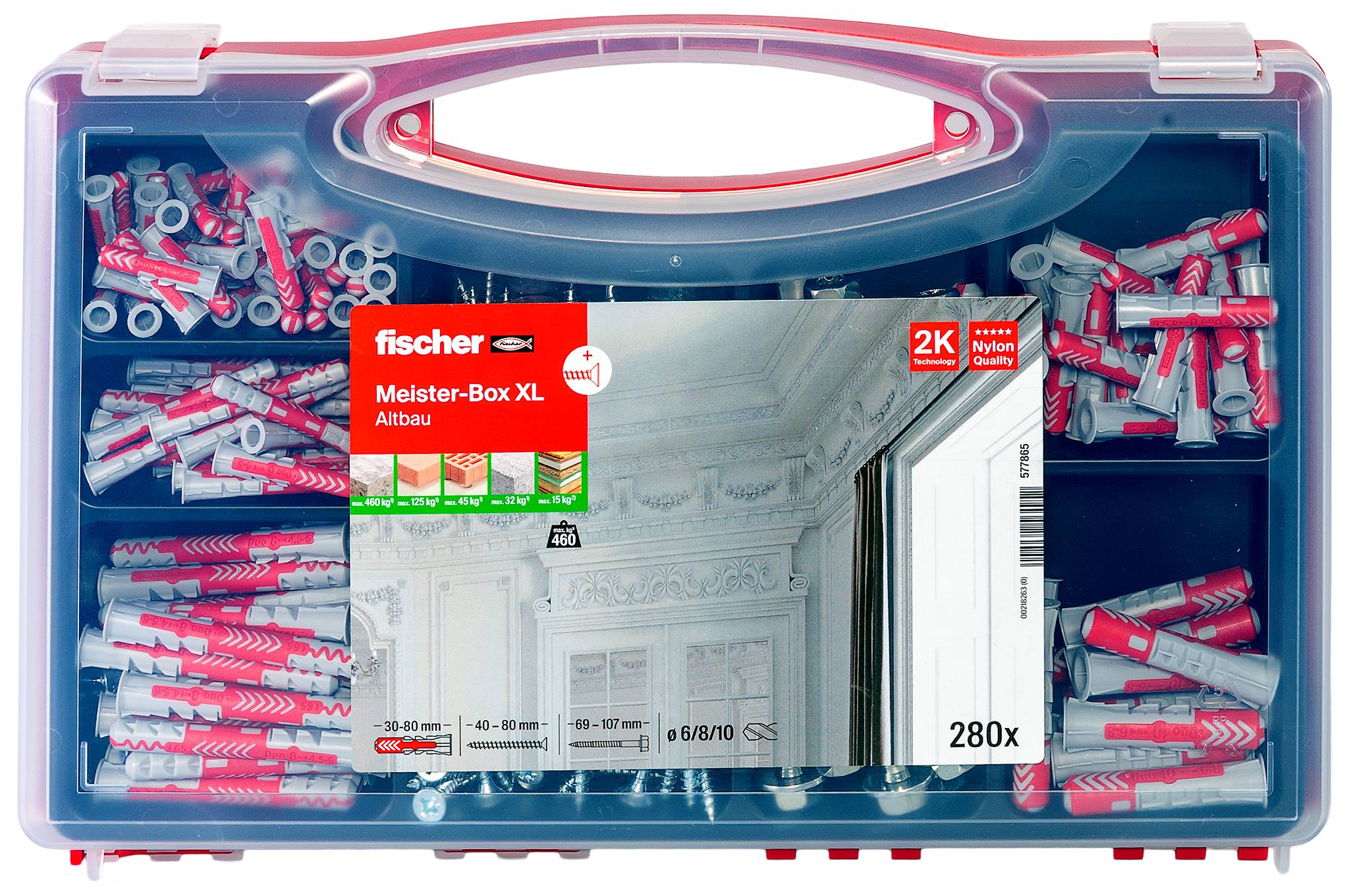 Boîtier de rangement en plastique transparent rempli de chevilles murales Fischer de couleur rouge et gris, étiqueté « fischer Meister-Box XL Allround » et « 280x ».