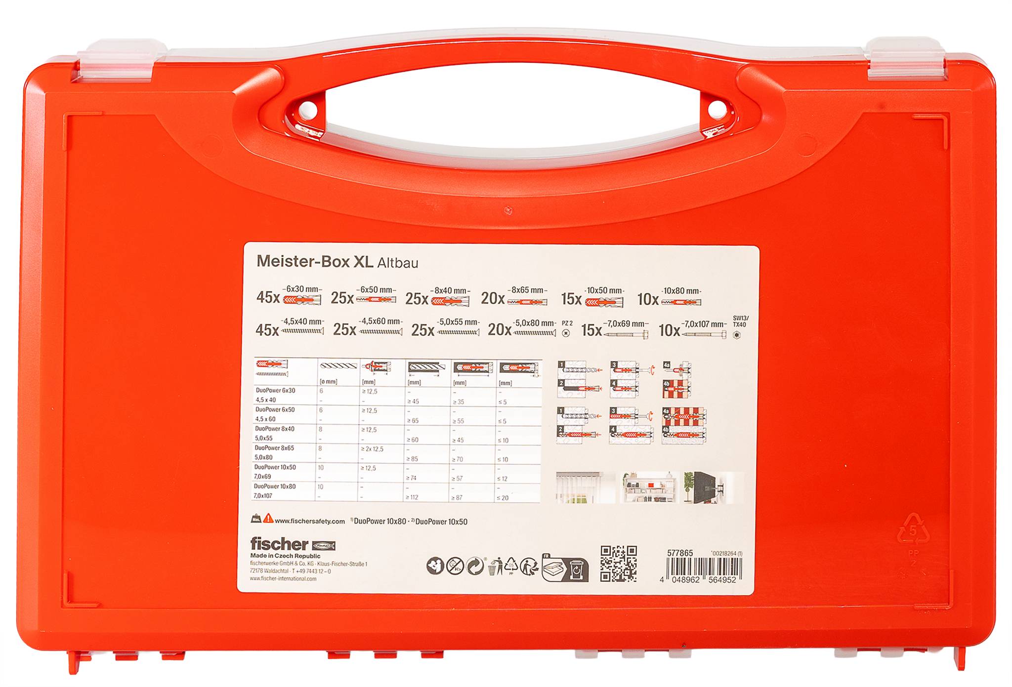 Mallette de transport en plastique rouge pour assortiment Fischer Meister-Box XL de vis et chevilles murales, avec étiquette de produit sur le devant.