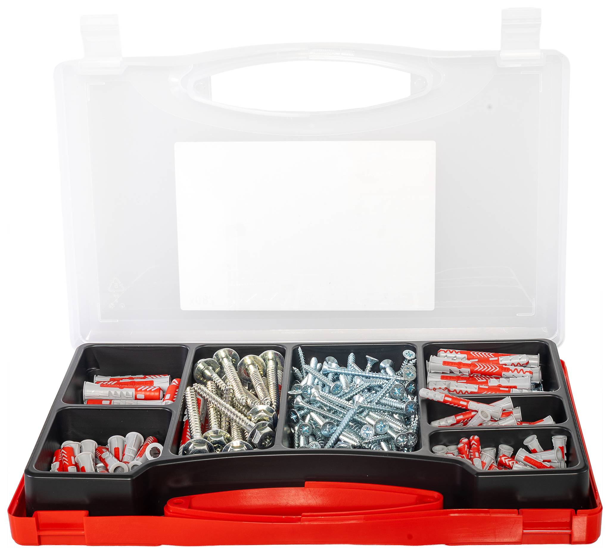 Kit de quincaillerie assorti dans un boîtier organisateur en plastique avec des compartiments contenant des vis, des chevilles et des chevilles murales.