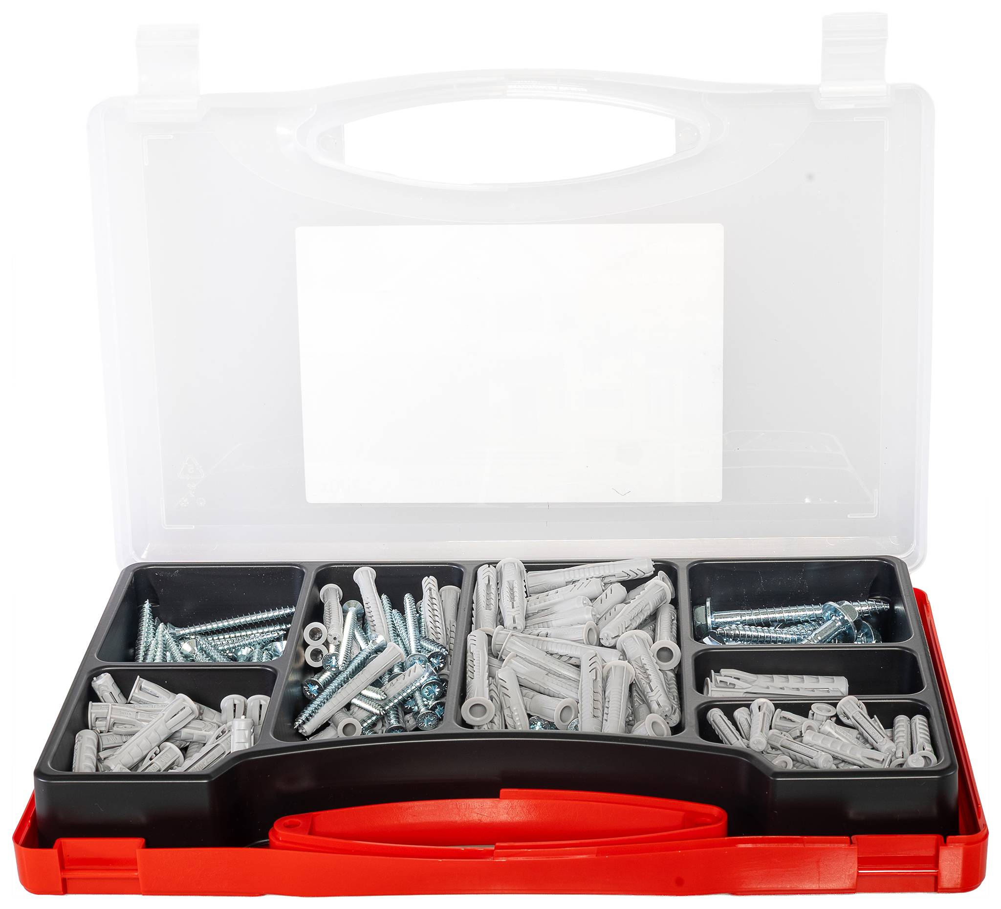 Boîte organisatrice en plastique ouverte contenant des vis assorties, des chevilles murales, des rondelles et des éléments de fixation dans des compartiments.