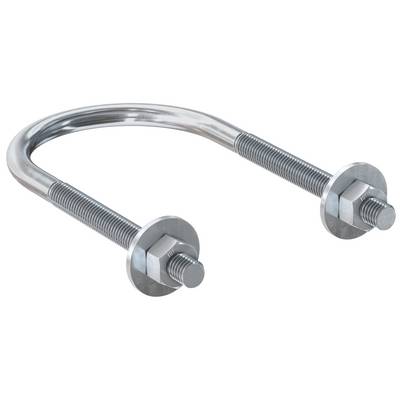 Boulon en U en métal avec extrémités filetées et écrous des deux côtés, utilisé pour fixer des tuyaux ou des tubes.