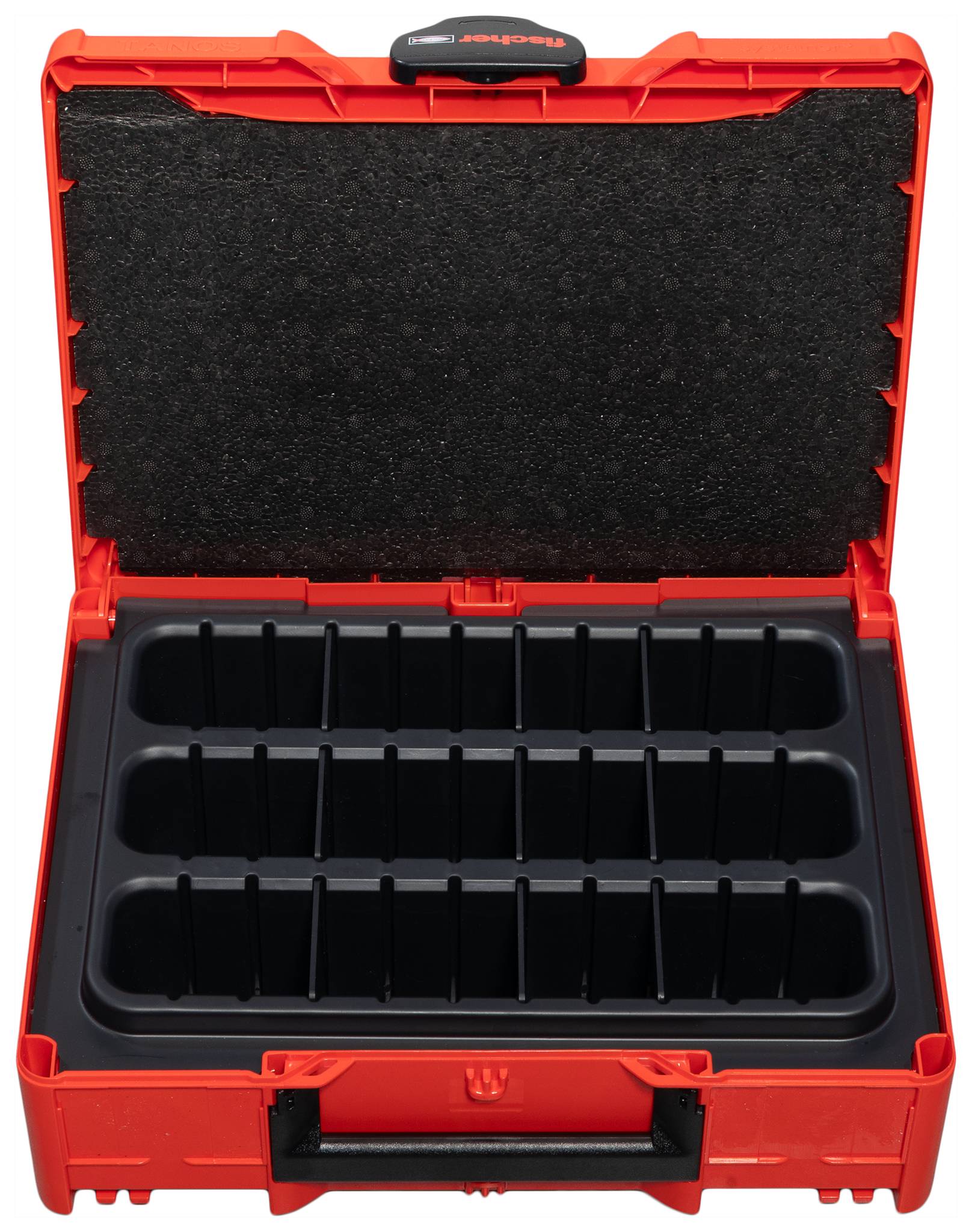 Mallette rigide rouge avec couvercle en mousse noire et plateau thermoformé avec plusieurs compartiments pour organiser les outils ou les pièces.