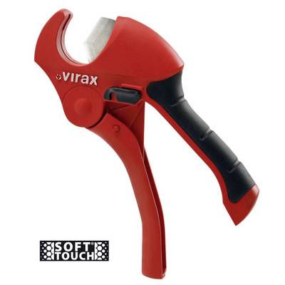 Coupe-tuyau Red Virax avec poignée et lame noires, présenté sur fond blanc avec l'étiquette « SOFT TOUCH ».
