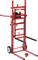 Chariot de levage Red Virax avec manivelle manuelle, roues et supports fourchus pour déplacer les équipements lourds ou les tuyaux.