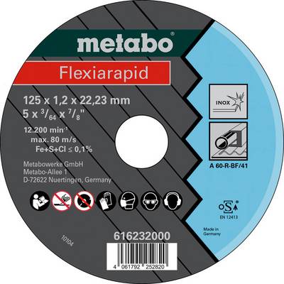 Étiquette de disque abrasif Metabo Flexiarapid circulaire indiquant la taille 125 x 1,2 x 22,23 mm, pour inox, avec pictogrammes de sécurité, code-barres et numéro de produit 616232000.