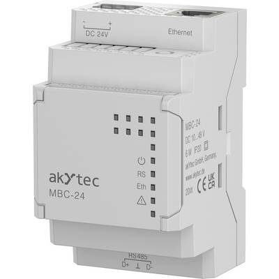 Module de contrôle 'akytec MBC-24' avec ports Ethernet et RS485, entrée DC 24V, étiqueté pour usage industriel en Allemagne, présente des options de connectivité.