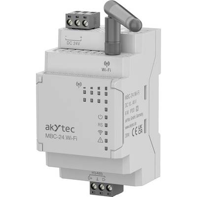 « Dispositif d'automatisation industrielle, étiqueté MBC-24.Wi-Fi par akxytec, prenant en charge la connectivité Wi-Fi et fonctionnant avec une alimentation en courant continu, doté de plusieurs ports. »