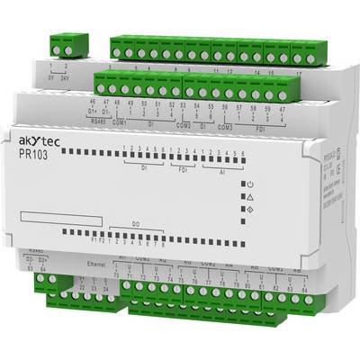 Contrôleur logique programmable 'akytec PR103' avec plusieurs blocs de bornes verts pour la connectivité, affichant les fonctions d'entrée/sortie.
